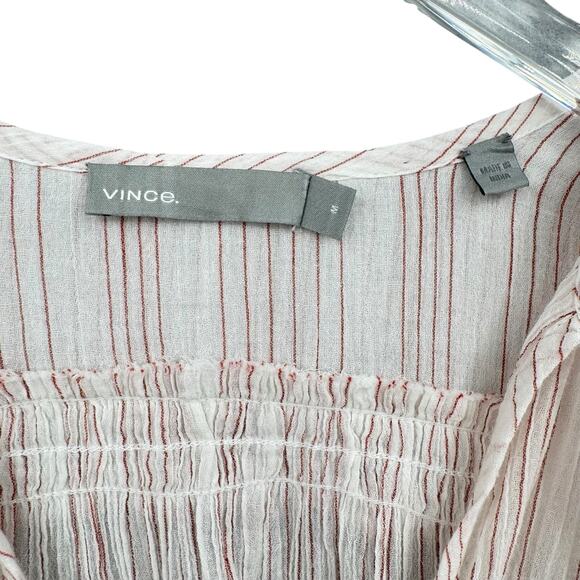 Vince Variegated Stripe Crinkle Breathable Cotton Tassel V-neck Wide Sleeve Top - Picture 11 of 13